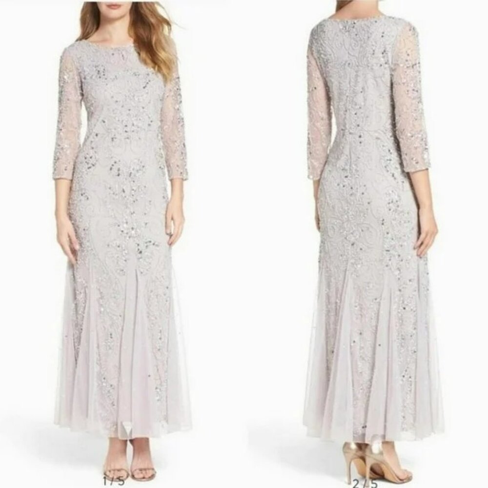 Pisarro Nights Silver Beaded Mesh Gown Sz 6 Special Occasion Wedding Guest NWT